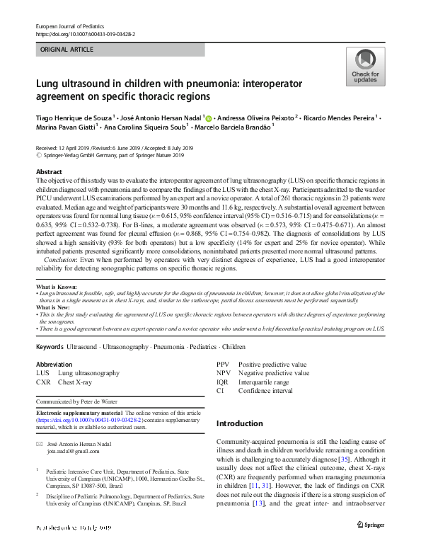 (PDF) Lung ultrasound in children with pneumonia: interoperator ...