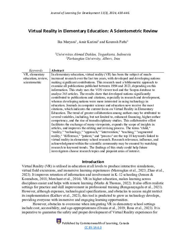 (PDF) Virtual Reality in Elementary Education: A Scientometric Review