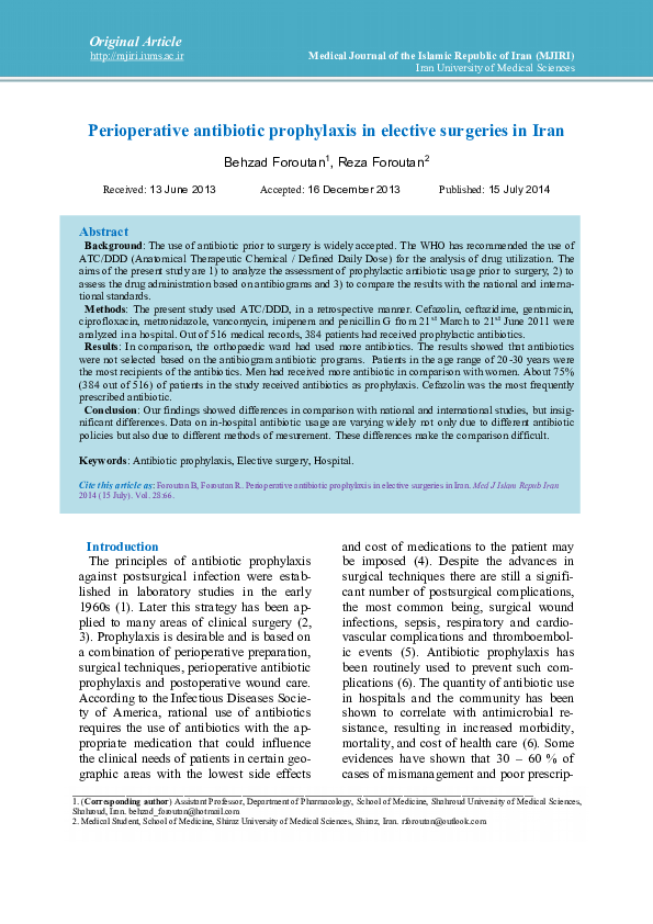 (PDF) Perioperative antibiotic prophylaxis in elective surgeries in Iran