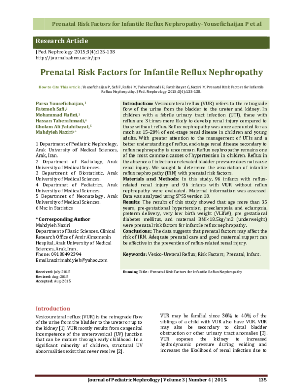(PDF) Prenatal Risk Factors for Infantile Reflux Nephropathy
