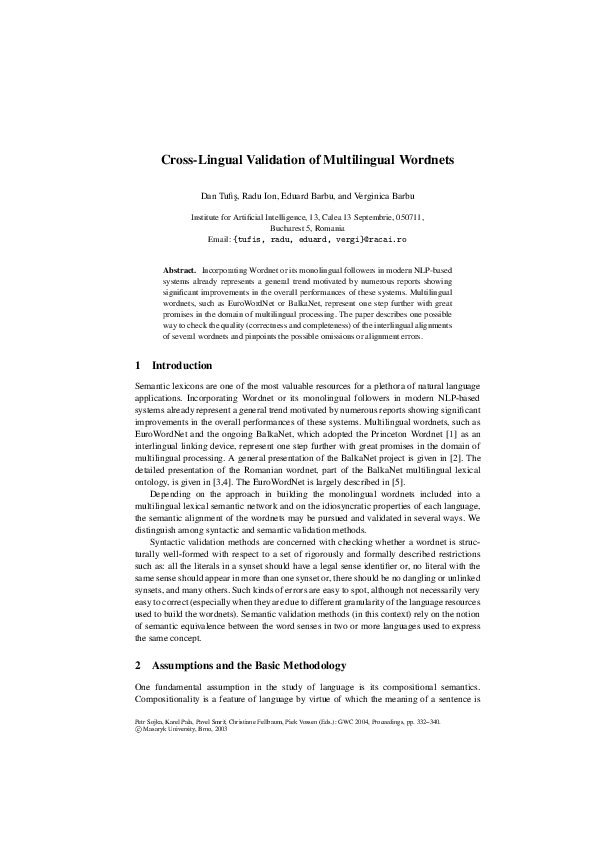 (PDF) Cross-Lingual Validation of Multilingual Wordnets