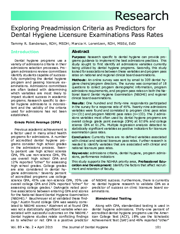 (PDF) Exploring Preadmission Criteria as Predictors for Dental Hygiene ...