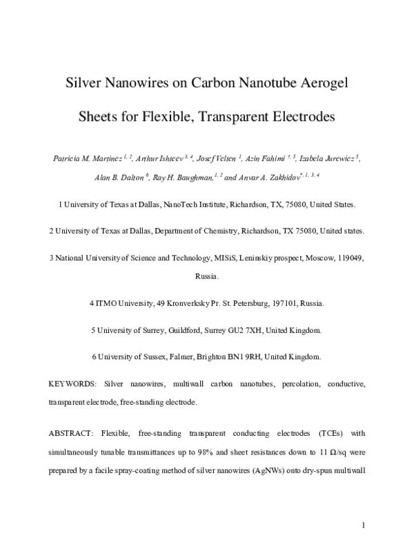(PDF) Silver Nanowires on Carbon Nanotube Aerogel Sheets for Flexible ...