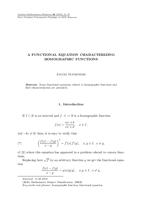 (PDF) A functional equation characterizing homographic functions