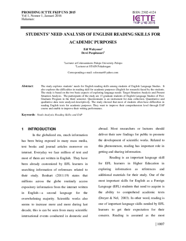 (PDF) Students’ Need Analysis of English Reading Skills for Academic ...