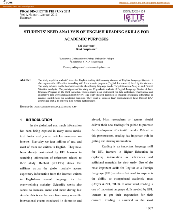 (PDF) Students’ Need Analysis of English Reading Skills for Academic ...
