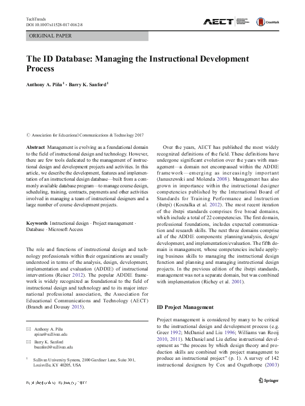 (PDF) The ID Database: Managing the Instructional Development Process