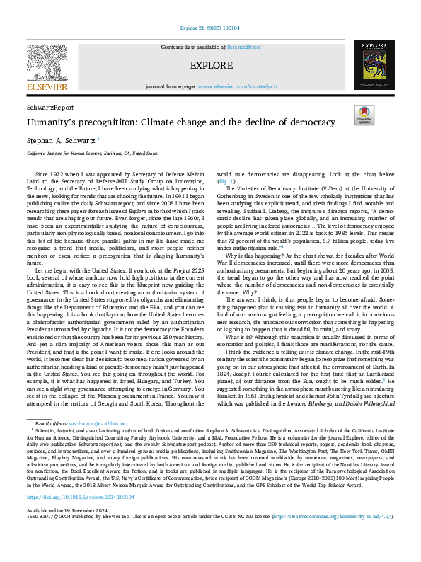 (PDF) Humanity's precognititon: Climate change and the decline of democracy