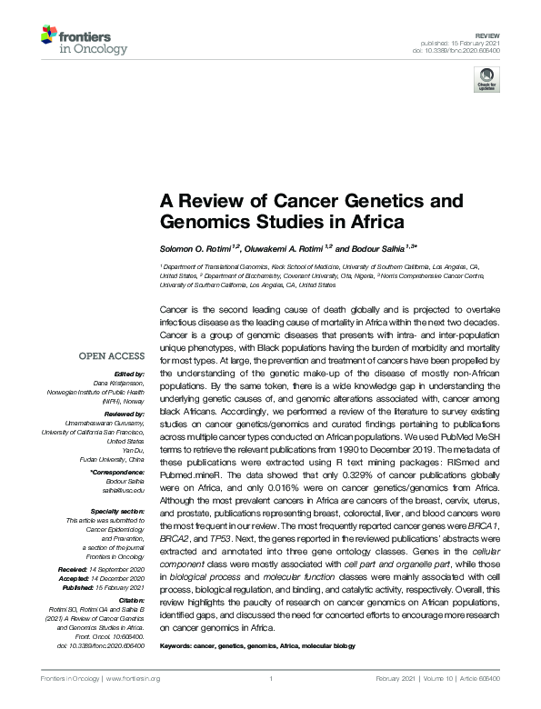 (PDF) A Review of Cancer Genetics and Genomics Studies in Africa