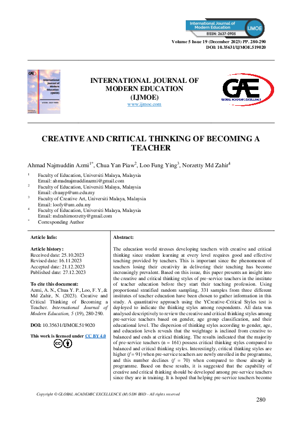 (PDF) Creative and Critical Thinking of Becoming a Teacher