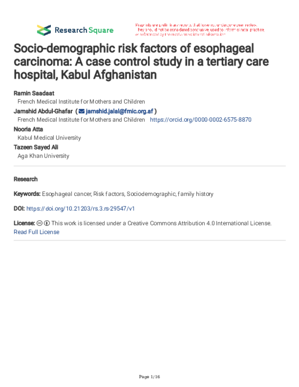 (PDF) Socio-demographic risk factors of esophageal carcinoma: A case ...