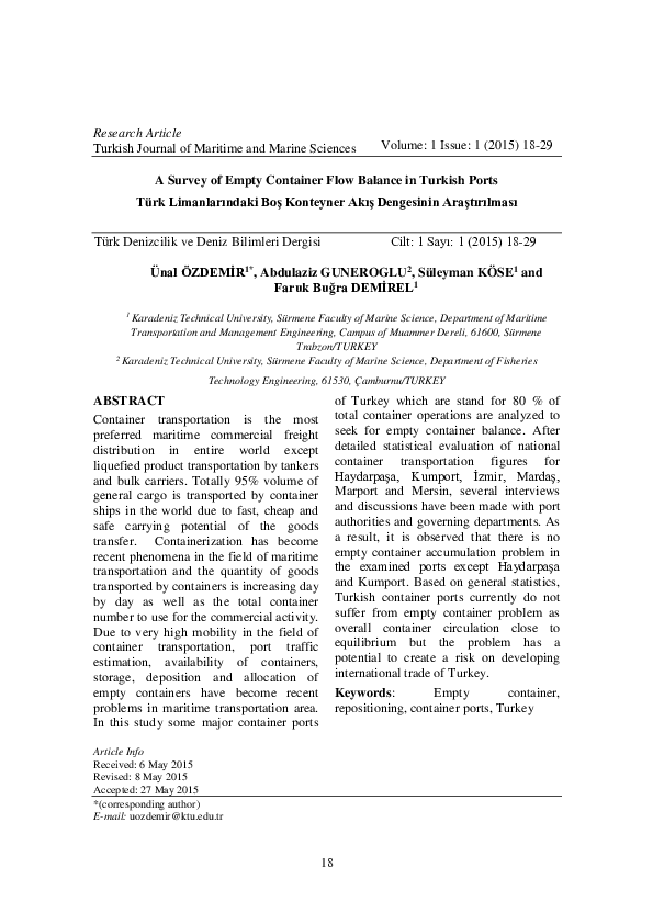 (PDF) A Survey of Empty Container Flow Balance in Turkish Ports