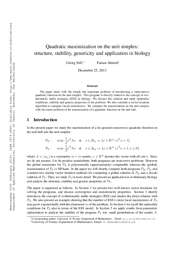 (PDF) Quadratic maximization on the unit simplex: structure, stability ...