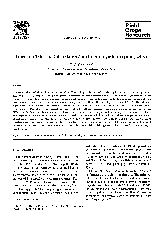 (PDF) Tiller mortality and its relationship to grain yield in spring wheat