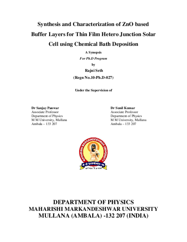 (PDF) Synthesis and characterization of ZnO based buffer layers for ...
