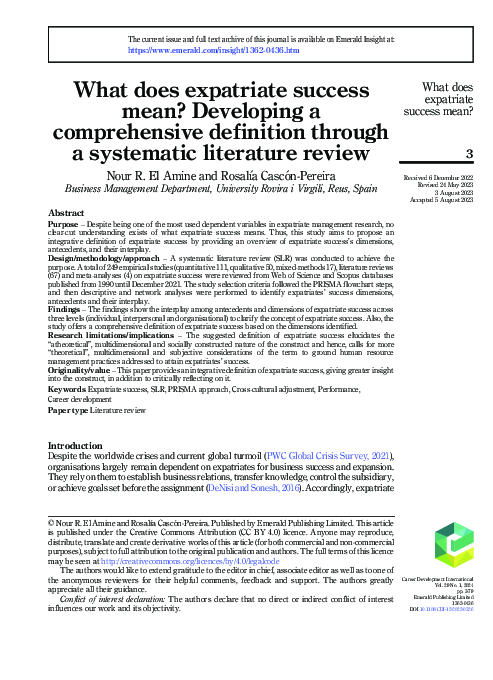 (PDF) What does expatriate success mean? Developing a comprehensive ...