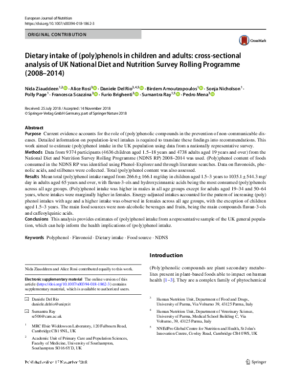 (PDF) Dietary intake of (poly)phenols in children and adults: cross ...