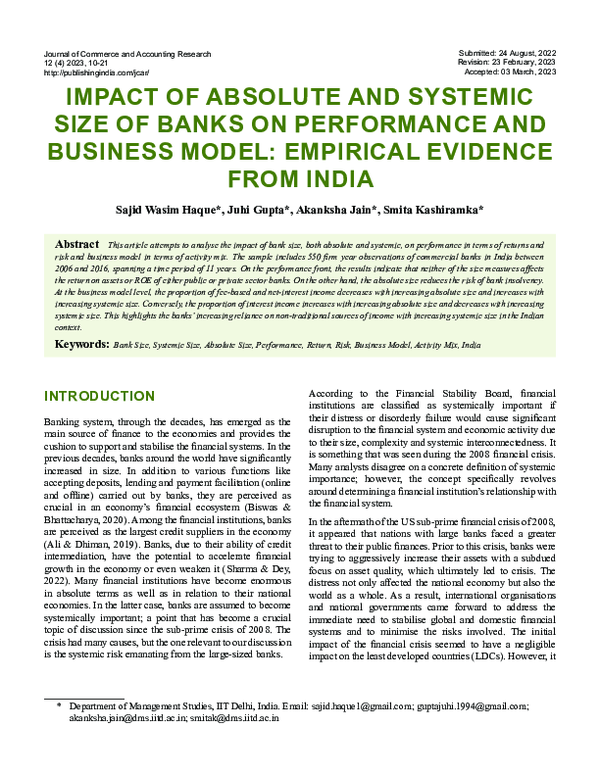 (PDF) Impact of Absolute and Systemic Size of Banks on Performance and ...