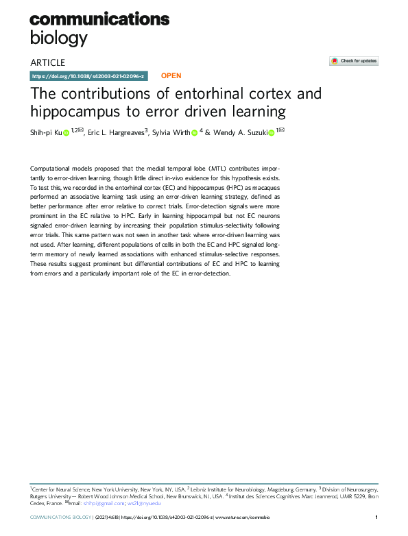 (PDF) The contributions of entorhinal cortex and hippocampus to error ...