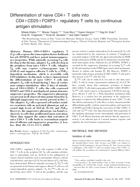 (PDF) Differentiation of naive CD4+ T cells into CD4+CD25+FOXP3 ...