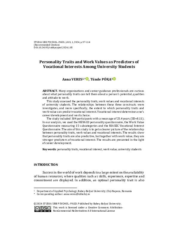 (PDF) Personality Traits and Work Values as Predictors of Vocational ...