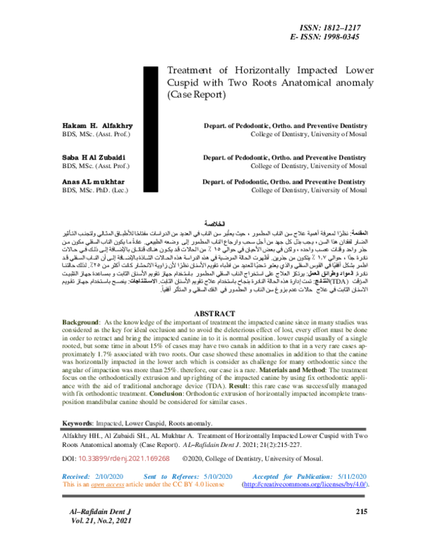 (PDF) Treatment of Horizontally Impacted Lower Cuspid with Two Roots ...