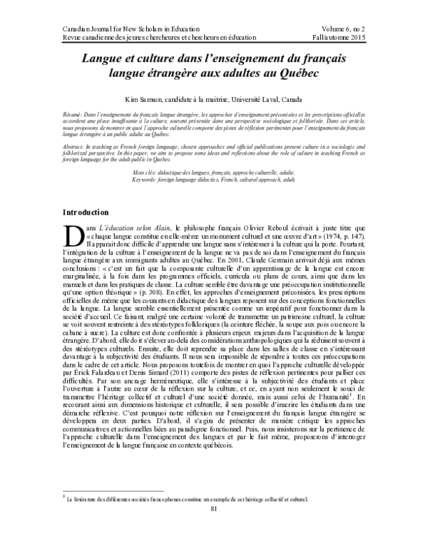 (PDF) Langue et culture dans l’enseignement du français langue ...