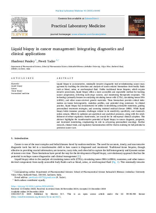 (PDF) Liquid biopsy in cancer management Integrating diagnostics and ...