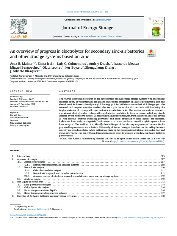 (PDF) An overview of progress in electrolytes for secondary zinc-air ...