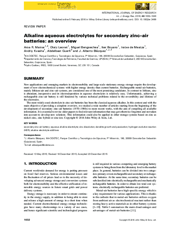 (PDF) Alkaline aqueous electrolytes for secondary zinc-air batteries ...