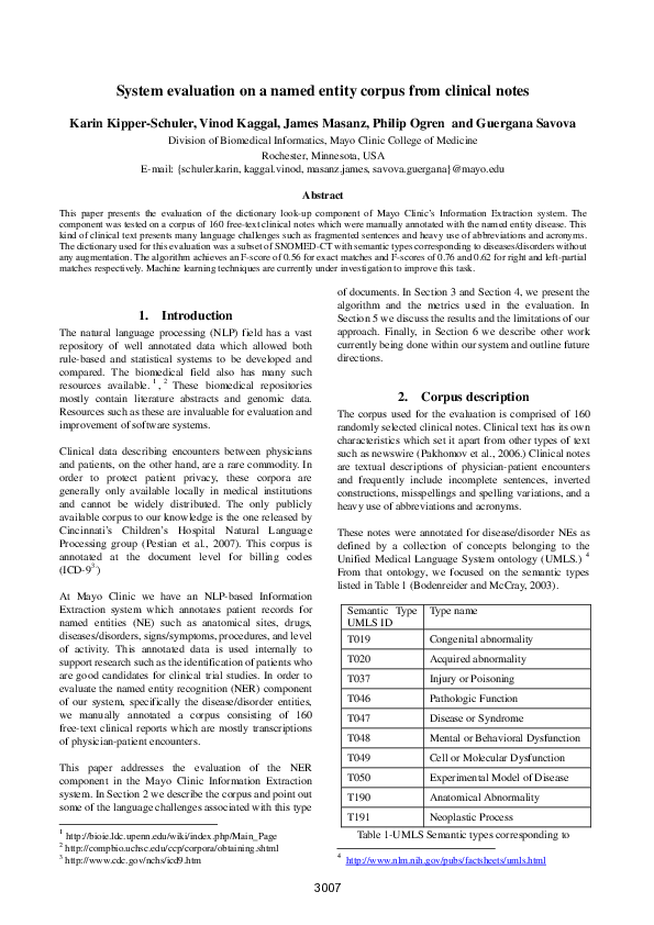 (PDF) System Evaluation on a Named Entity Corpus from Clinical Notes