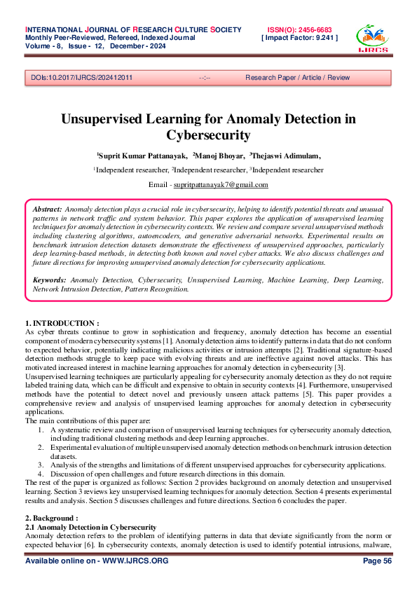 (PDF) Unsupervised Learning for Anomaly Detection in Cybersecurity