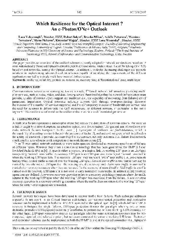 (PDF) Which Resilience for the Optical Internet ? An e-Photon/ONe+ Outlook
