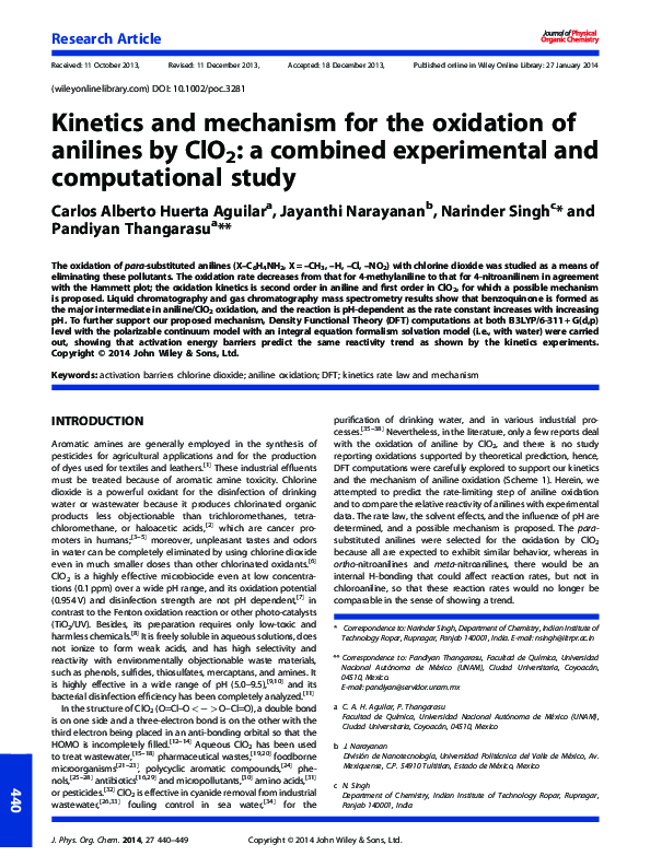 (PDF) Kinetics and mechanism for the oxidation of anilines by ClO2: a ...