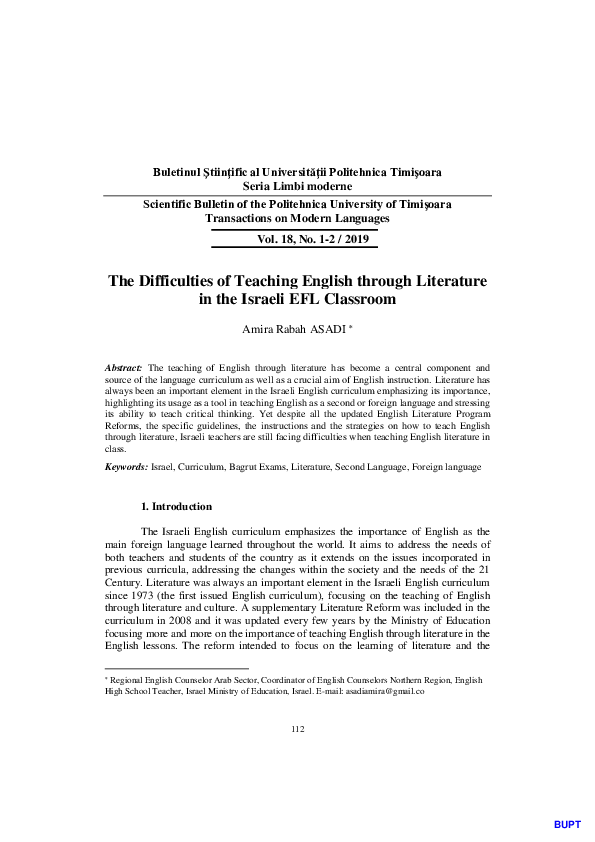 (PDF) The Difficulties of Teaching English through Literature in the ...