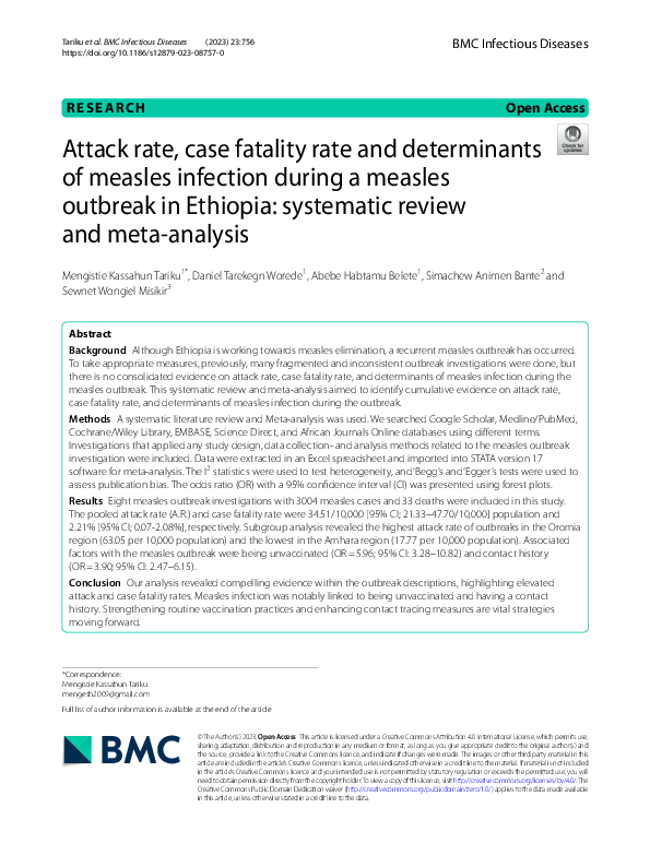 (PDF) Attack rate, case fatality rate and determinants of measles ...