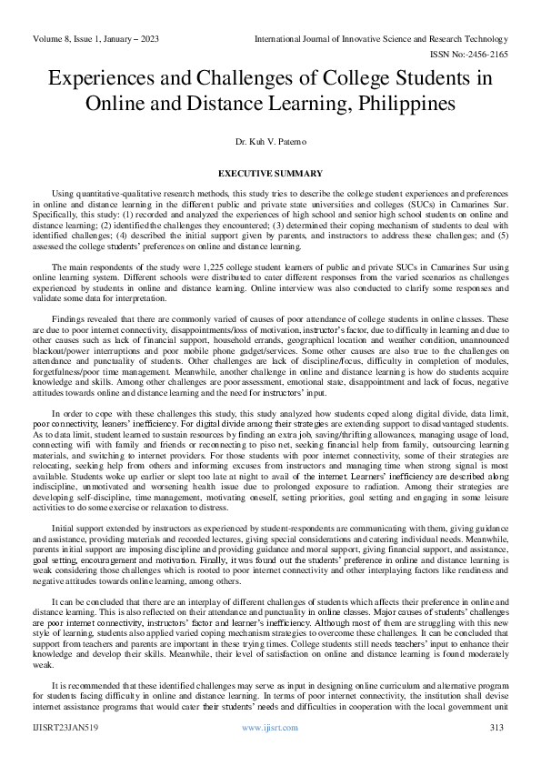 (PDF) Experiences and Challenges of College Students in Online and ...