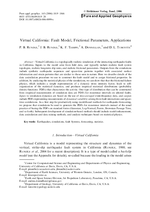 (PDF) Virtual California: Fault Model, Frictional Parameters, Applications