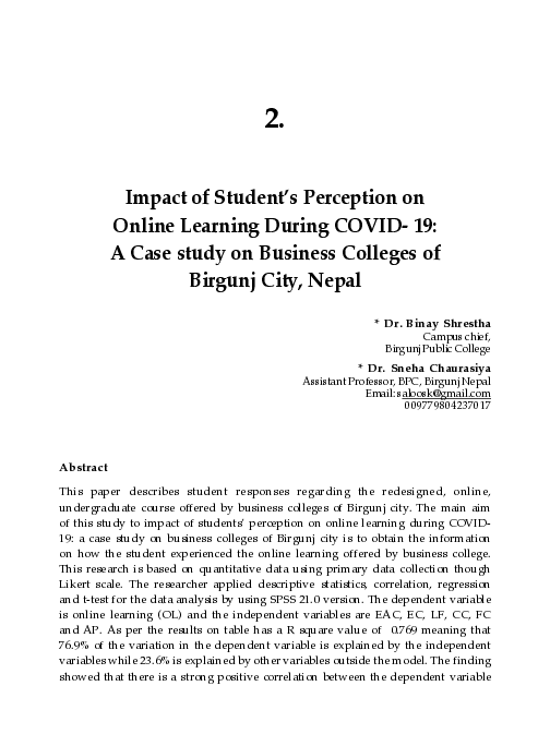 (PDF) Impact of Student’s Perception on Online Learning During COVID ...