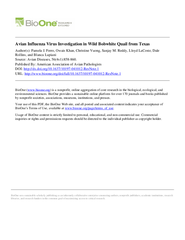 (PDF) Avian Influenza Virus Investigation in Wild Bobwhite Quail from Texas