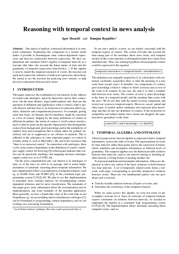(PDF) Reasoning with Temporal Context in News Analysis