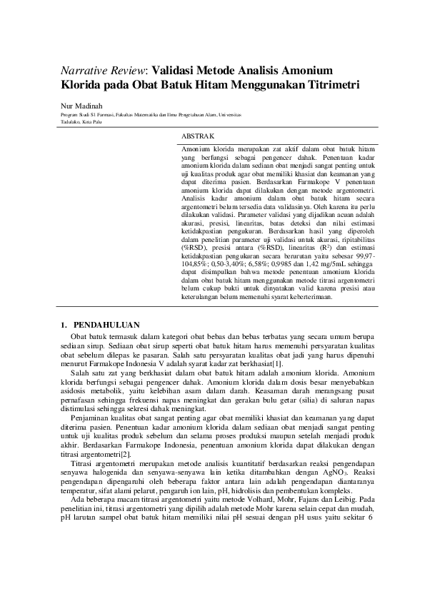 (PDF) Narrative Review: Validasi Metode Analisis Amonium Klorida pada ...