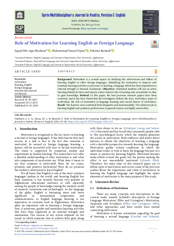 (PDF) Role of Motivation for Learning English as Foreign Language
