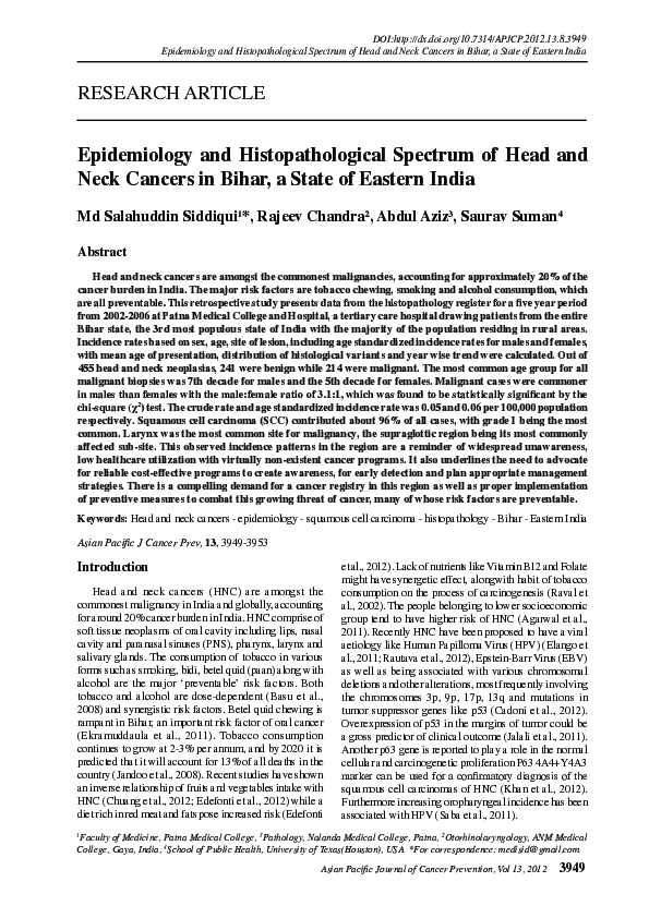 (PDF) Epidemiology and Histopathological Spectrum of Head and Neck ...