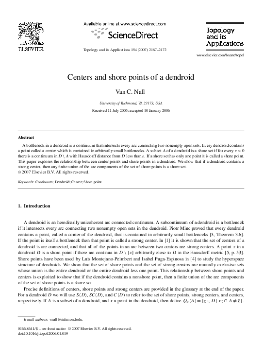 (PDF) Centers and shore points of a dendroid