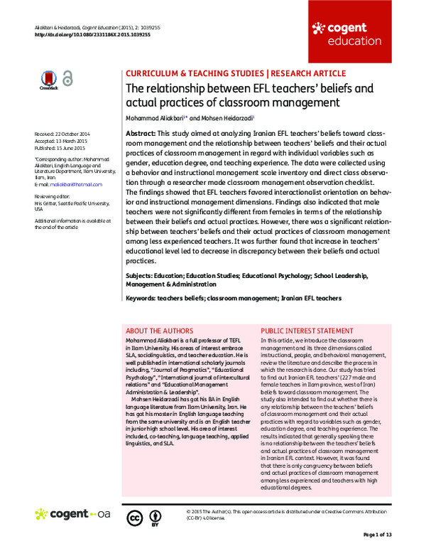(PDF) The relationship between EFL teachers’ beliefs and actual ...