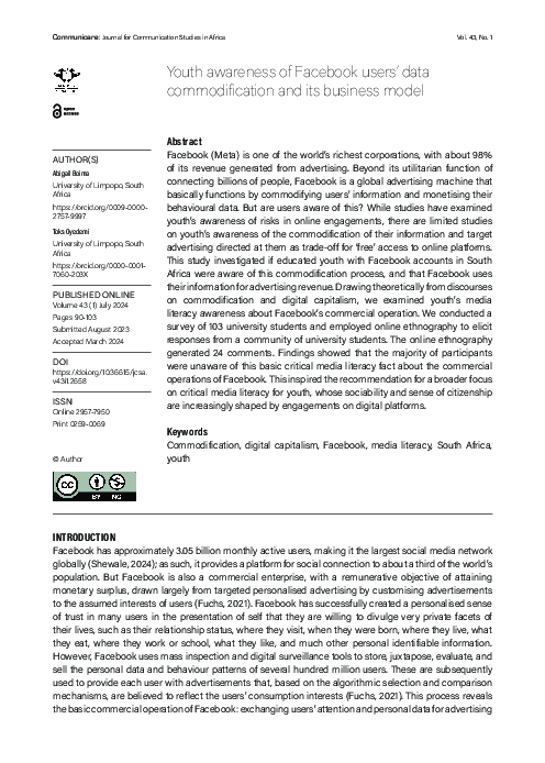 (PDF) Youth awareness of Facebook users’ data commodification and its ...