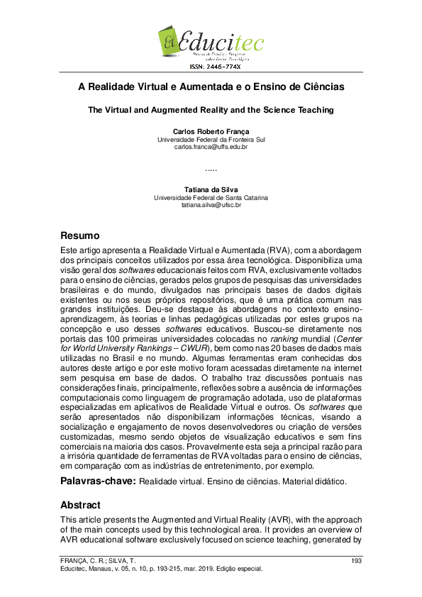 (PDF) A Realidade Virtual e Aumentada e o Ensino de Ciências
