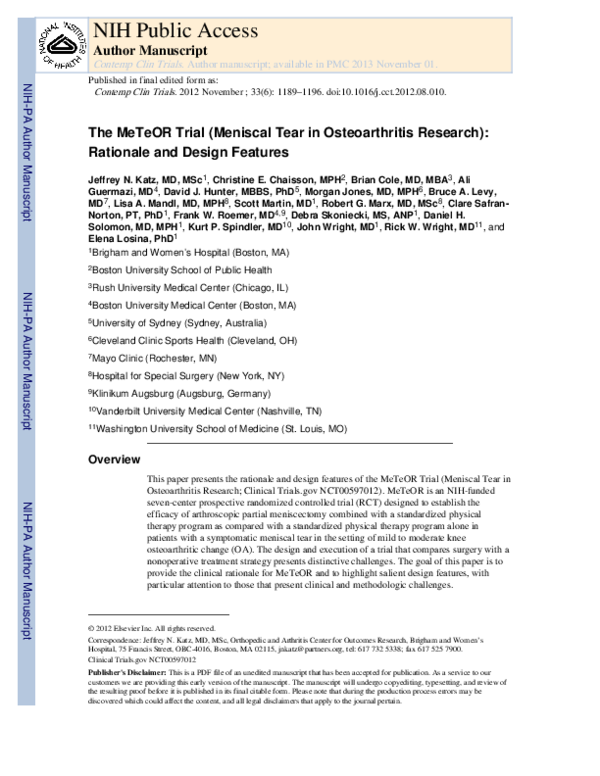 (PDF) The MeTeOR Trial (Meniscal Tear in Osteoarthritis Research ...