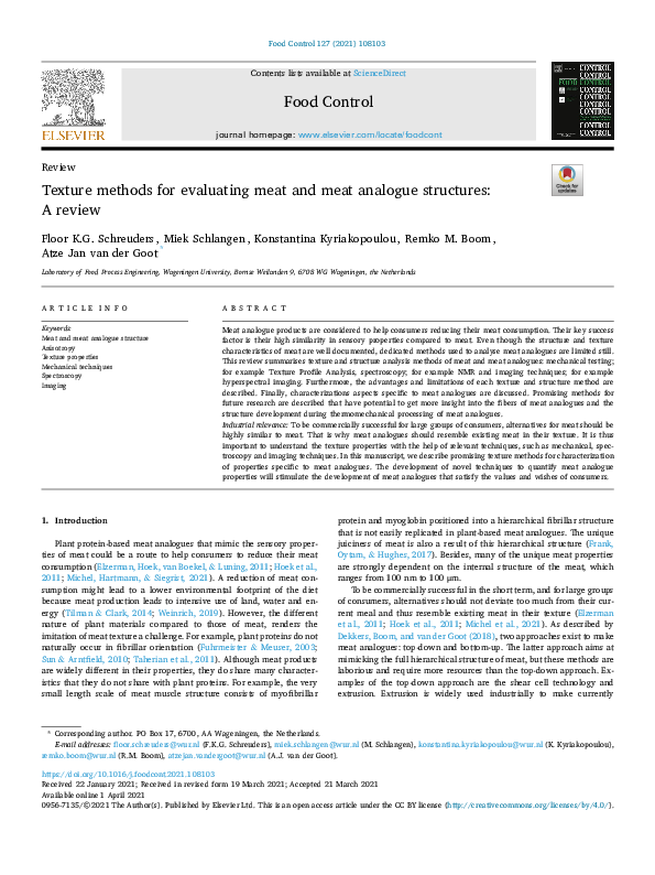 (PDF) Texture methods for evaluating meat and meat analogue structures ...